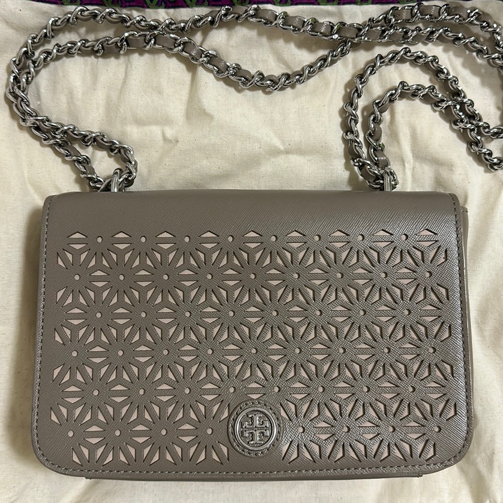Tory Burch genuine leather grey shoulder bag with laser cut design